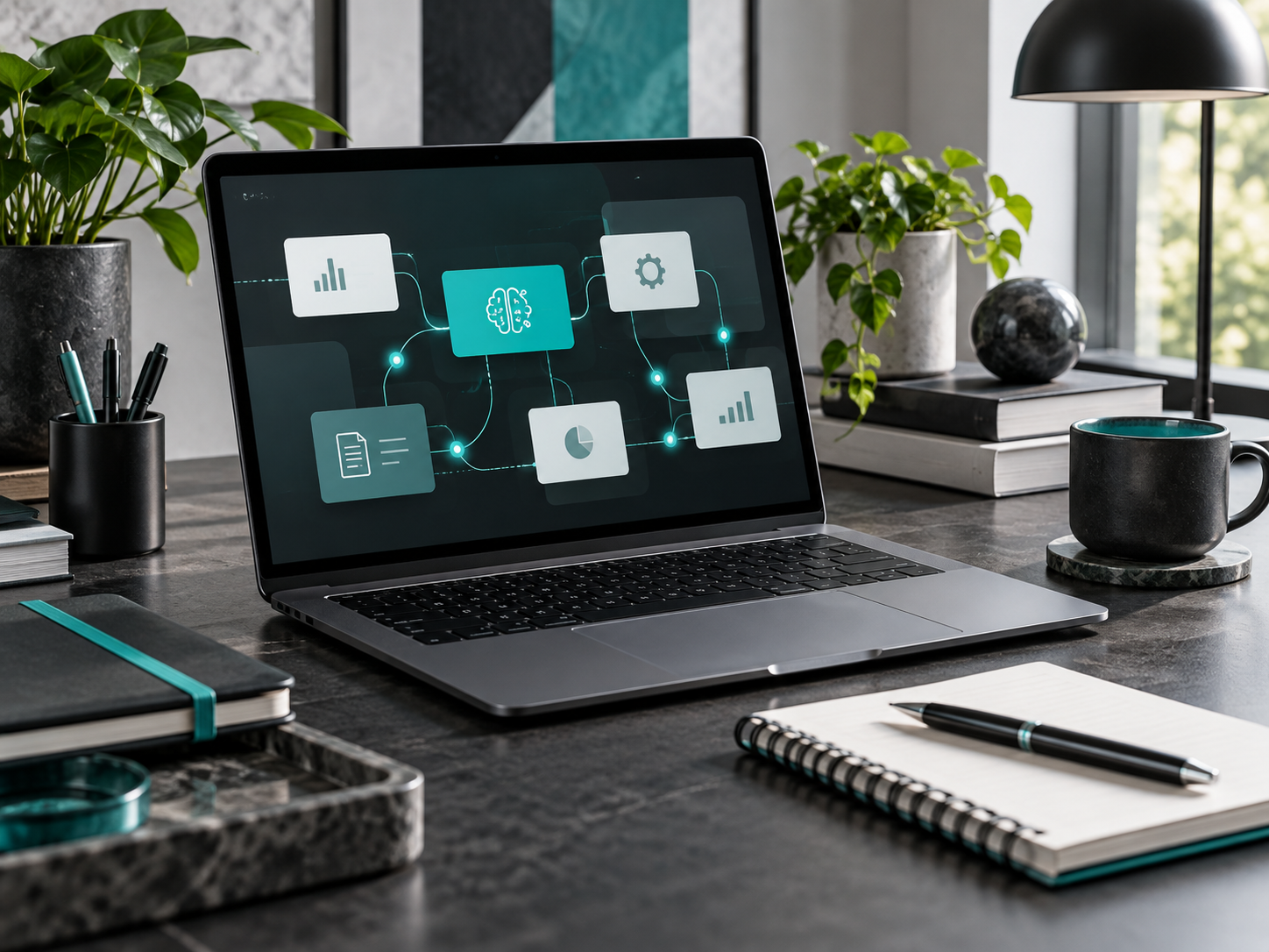 Connected business workflow cards displayed on a laptop