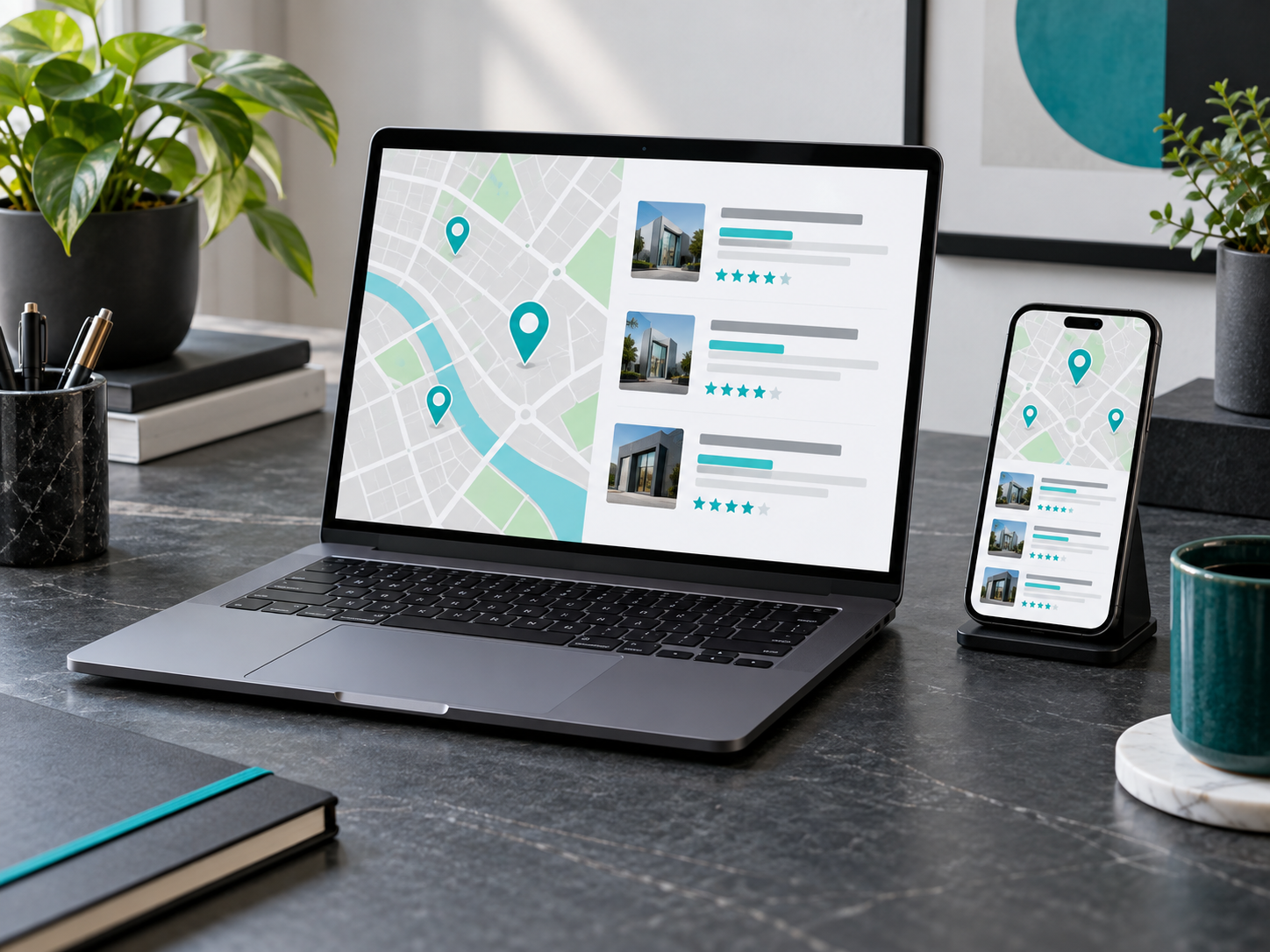 Map pins and business listings on a laptop and phone