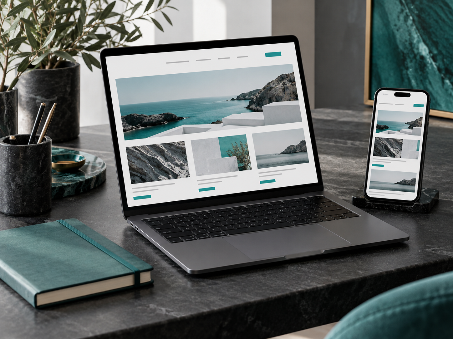 Responsive website layouts displayed on a laptop and phone